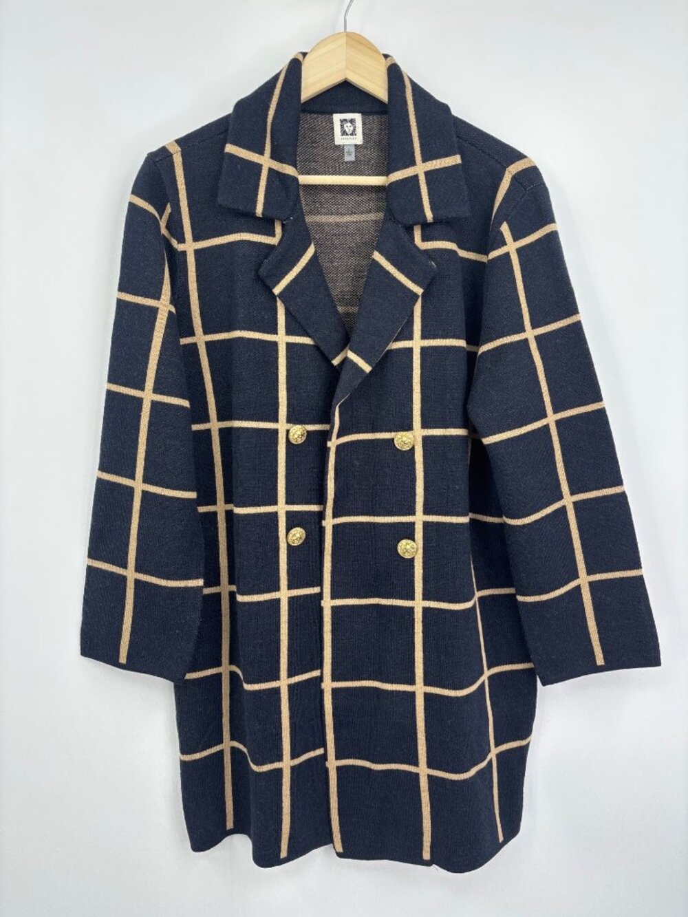 Anne Klein Windowpane Knit Blazer Open Front Jacket Gold Buttons Navy Tan Large